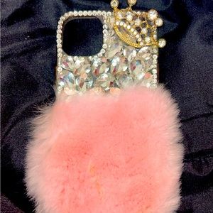 Fluffy pink rhinestone phone case